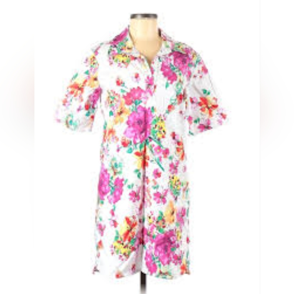 Floral Button-Front Women’s Dress - White with Pink & Multicolor Flowers